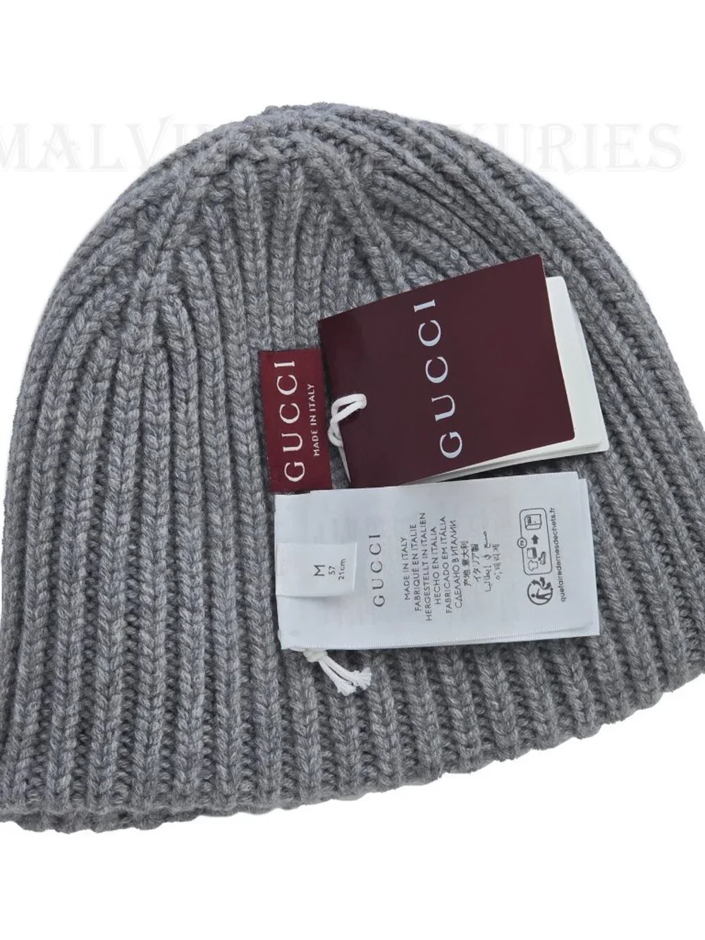 GUCCI HAT GRAY WOOL CASHMERE RIB KNIT LOGO PATCH BEANIE M / MEDIUM / 57CM
